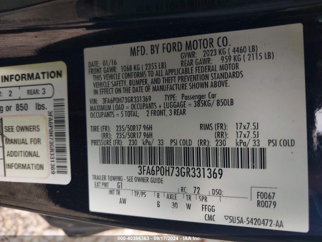 Ford FUSION SE 2016 3FA6P0H73GR331369 Image 9