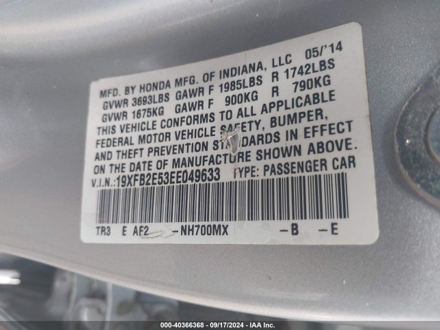 Honda Civic Lx 2014 19XFB2E53EE049633 Image 9