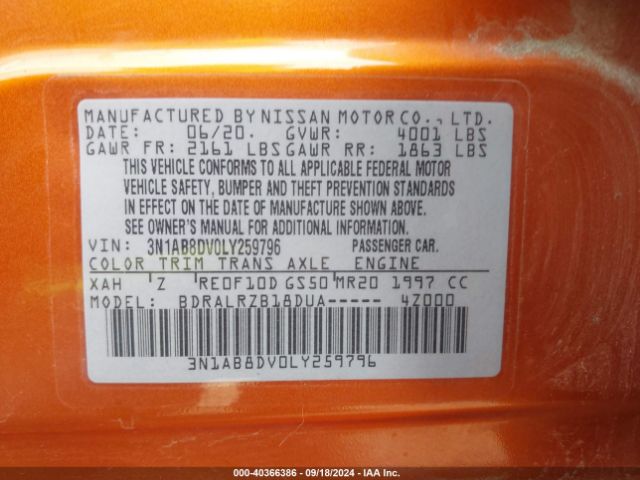 3N1AB8DV0LY259796 Nissan Sentra Sr Xtronic Cvt