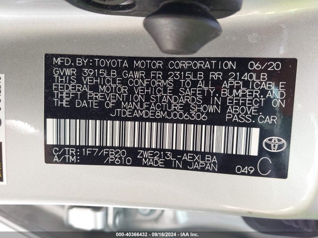 Toyota Corolla Hybrid Le 2021 JTDEAMDE8MJ006306 Image 9