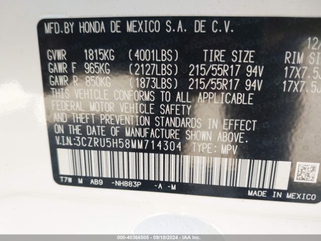 3CZRU5H58MM714304 Honda Hr-v 2wd Ex
