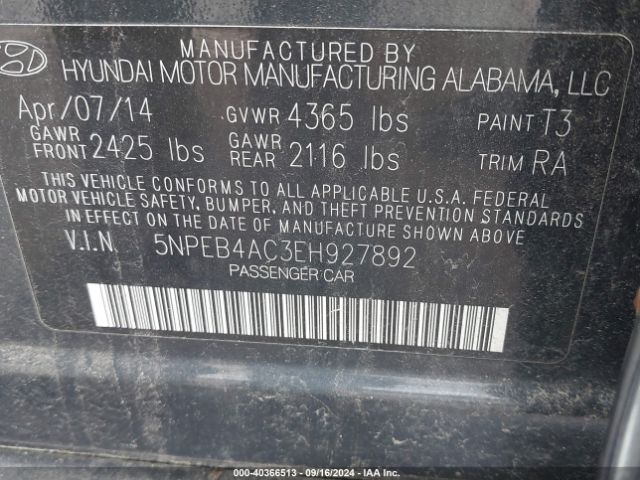 5NPEB4AC3EH927892 Hyundai SONATA GLS