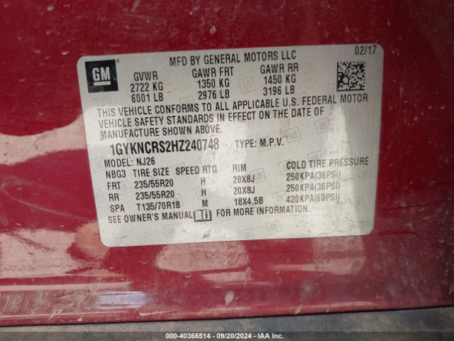 1GYKNCRS2HZ240748 Cadillac Xt5 Premium Luxury