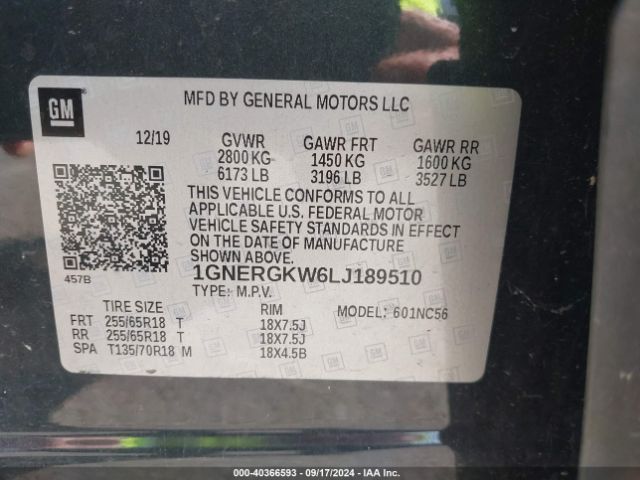 1GNERGKW6LJ189510 Chevrolet Traverse Fwd Lt Cloth