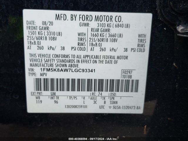 1FM5K8AW7LGC93341 Ford Police Interceptor Utility
