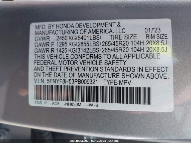 Honda Passport Awd Ex-l 2023 5FNYF8H53PB009321 Image 9