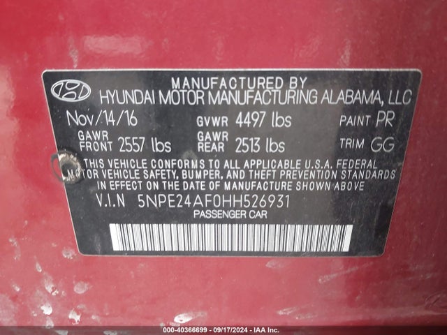 Hyundai Sonata 2017 5NPE24AF0HH526931 Image 9
