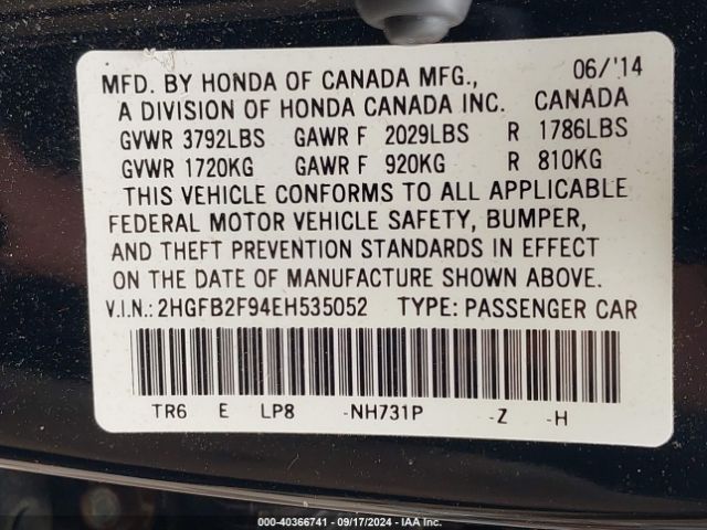 2HGFB2F94EH535052 Honda Civic Ex-l