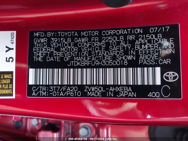 Toyota Prius Two 2017 JTDKBRFU9H3050018 Image 9