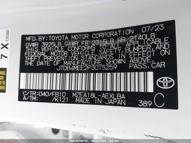 Toyota COROLLA LE 2023 JTDB4MEE2P3015259 Image 9