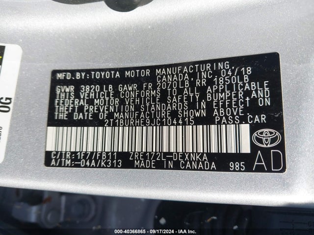 Toyota COROLLA LE 2018 2T1BURHE9JC104415 Image 9
