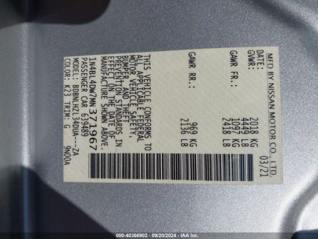1N4BL4DW7MN371967 Nissan Altima Sv Intelligent Awd
