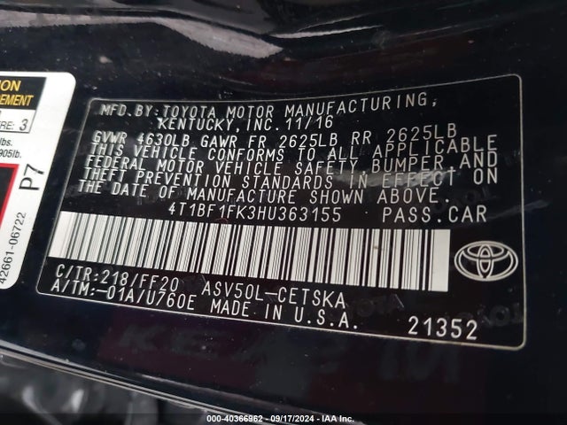 Toyota CAMRY SE 2017 4T1BF1FK3HU363155 Image 9