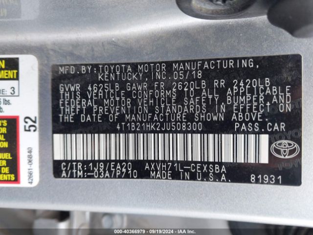 4T1B21HK2JU508300 Toyota Camry Hybrid Se