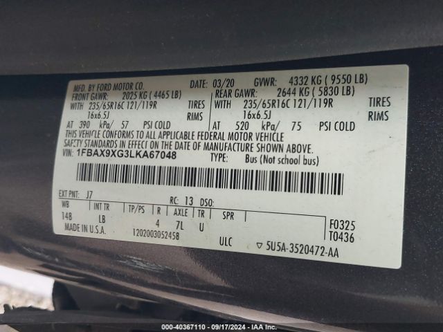 1FBAX9XG3LKA67048 Ford Transit-350 Passenger Van Xlt
