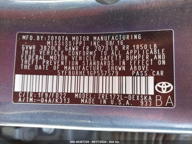 Toyota Corolla S Plus 2016 5YFBURHE1GP557579 Image 9