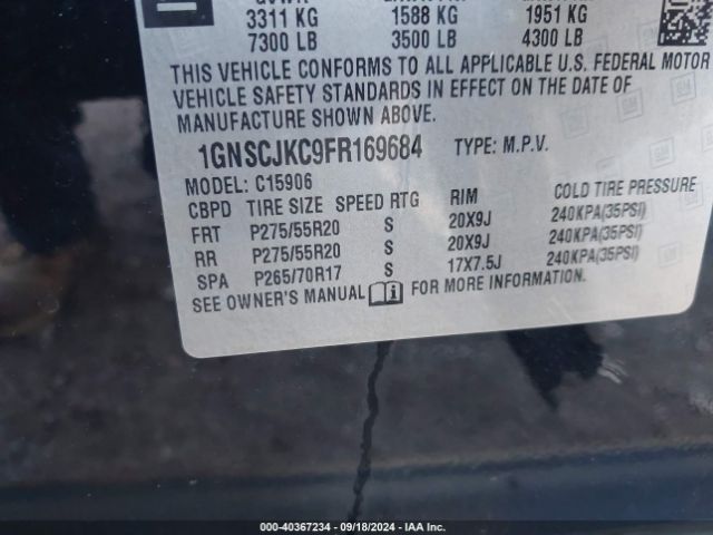 1GNSCJKC9FR169684 Chevrolet Suburban 1500 Lt