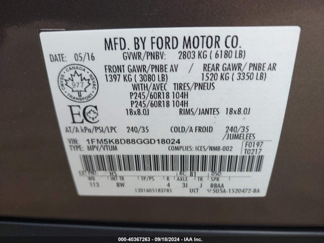 Ford EXPLORER XLT 2016 1FM5K8D88GGD18024 Image 9