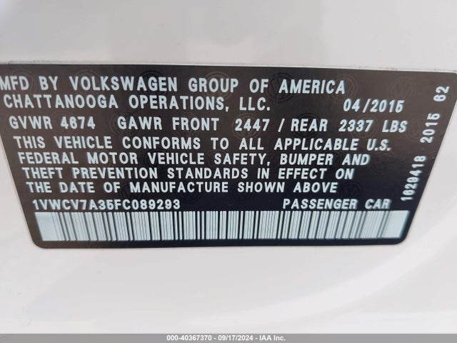 1VWCV7A35FC089293 Volkswagen Passat 2.0l Tdi Sel Premium