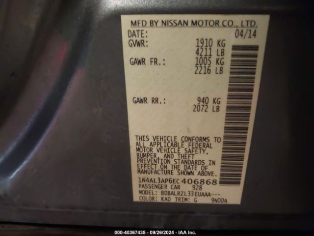 1N4AL3AP6EC406868 Nissan Altima 2.5/2.5 S/2.5 Sl/2.5 Sv