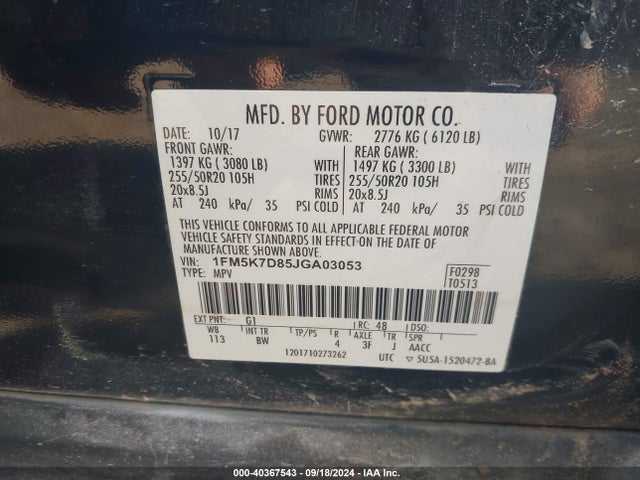 Ford EXPLORER XLT 2018 1FM5K7D85JGA03053 Image 9
