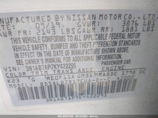 Nissan SENTRA SV 2019 3N1AB7AP7KY422295 Image 9