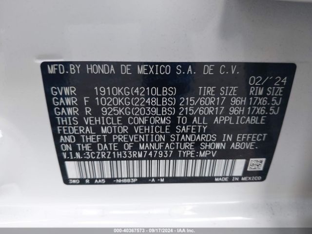 3CZRZ1H33RM747937 Honda Hr-v 2wd Lx