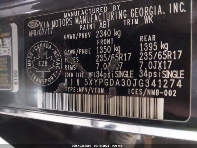 KIA Sorento 2.4l Lx 2018 5XYPGDA30JG341274 Image 9