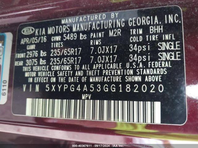5XYPG4A53GG182020 KIA Sorento 3.3l Lx