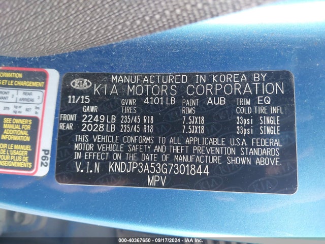 KIA SOUL + 2016 KNDJP3A53G7301844 Image 9