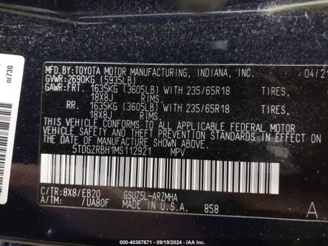 5TDGZRBH1MS112921 Toyota Highlander Xle