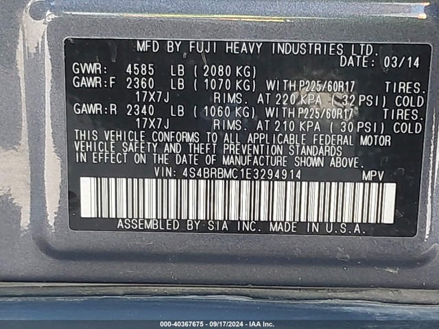 Subaru Outback 2.5i Limited 2014 4S4BRBMC1E3294914 Image 9