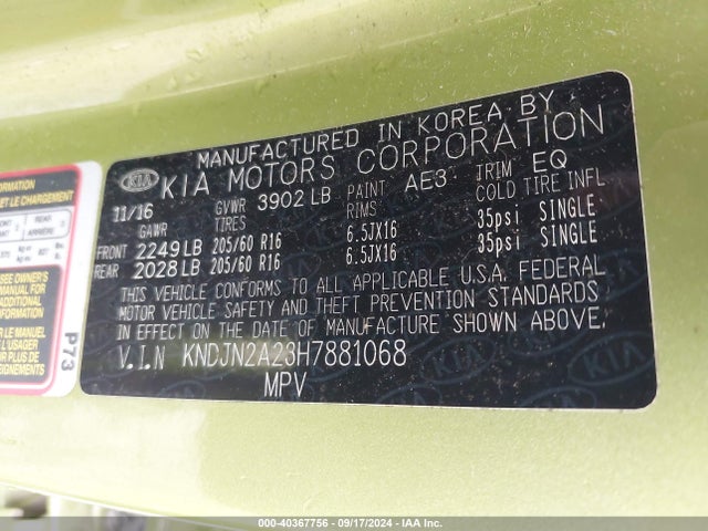 KIA Soul 2017 KNDJN2A23H7881068 Image 9