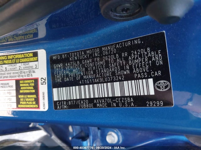 Toyota CAMRY SE 2020 4T1G11AK9LU373242 Image 9