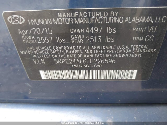 Hyundai SONATA SE 2015 5NPE24AF6FH226596 Image 9