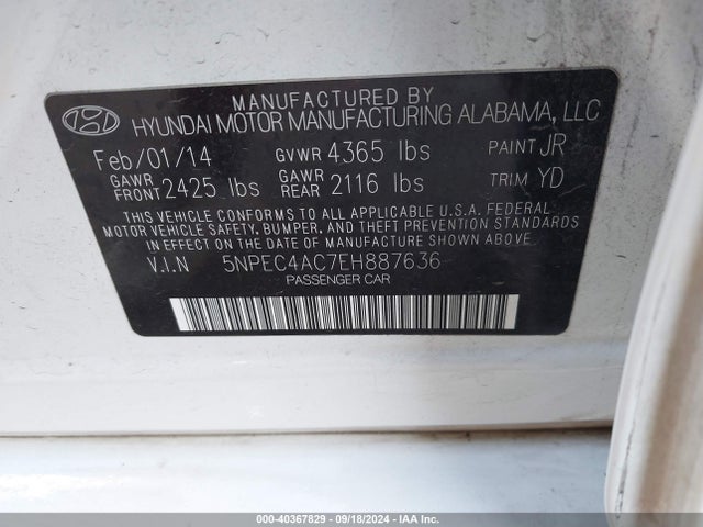 Hyundai Sonata Limited 2014 5NPEC4AC7EH887636 Image 9