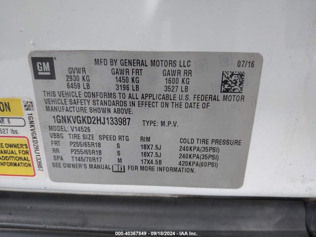 Chevrolet Traverse 1lt 2017 1GNKVGKD2HJ133987 Image 9