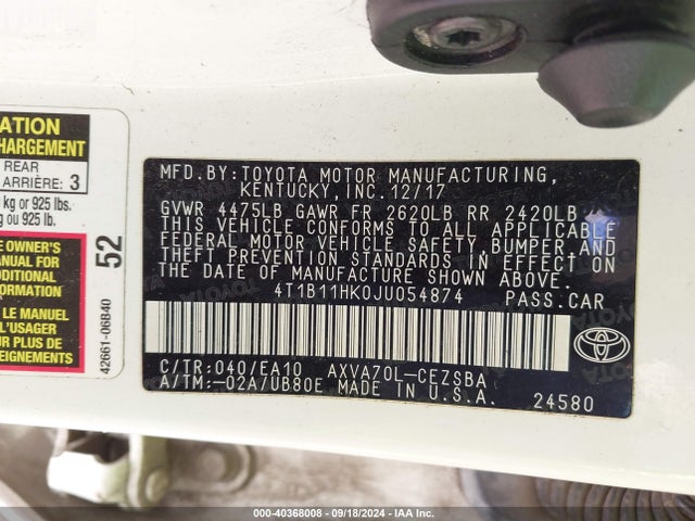 4T1B11HK0JU054874 Toyota CAMRY SE
