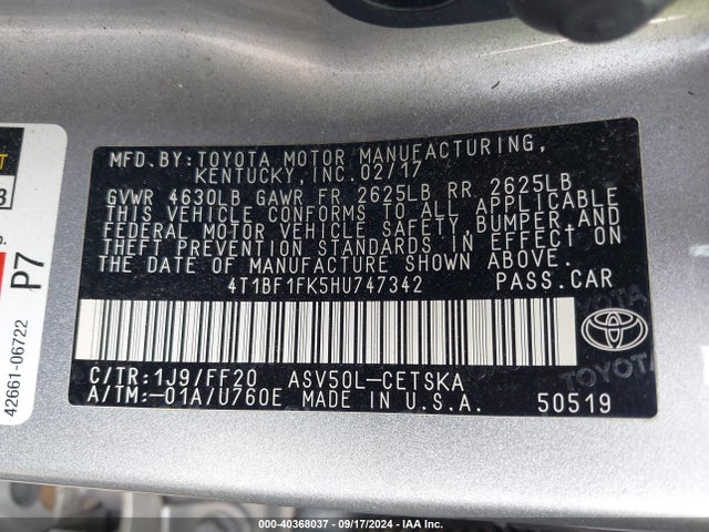 Toyota CAMRY SE 2017 4T1BF1FK5HU747342 Image 9