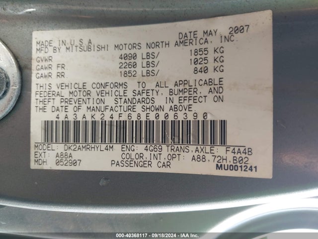 2008 MITSUBISHI ECLIPSE 4A3AK24F68E006390 Photo 8