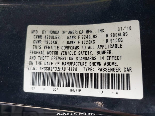 Honda ACCORD LX 2017 1HGCR2F32HA014120 Image 9