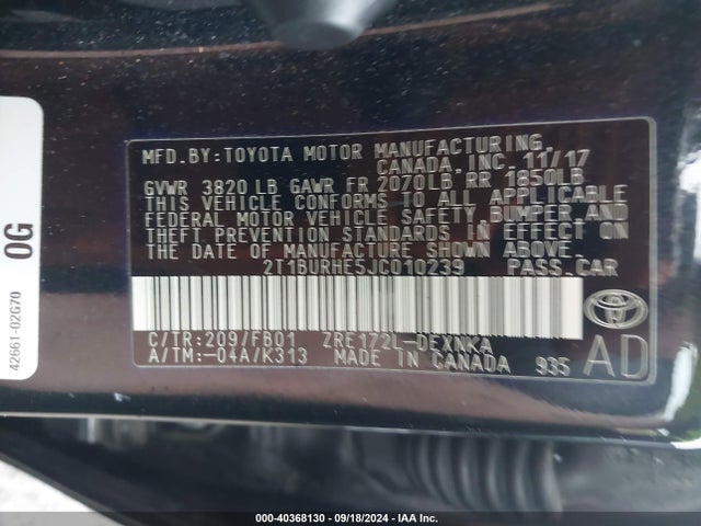 Toyota COROLLA LE 2018 2T1BURHE5JC010239 Image 9