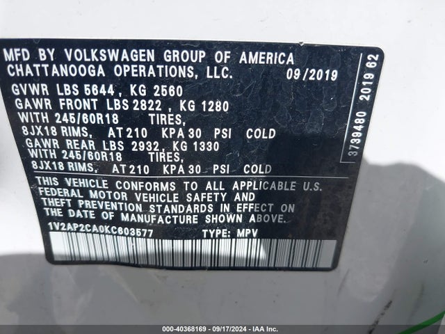 1V2AP2CA0KC603577 Volkswagen Atlas 2.0t S