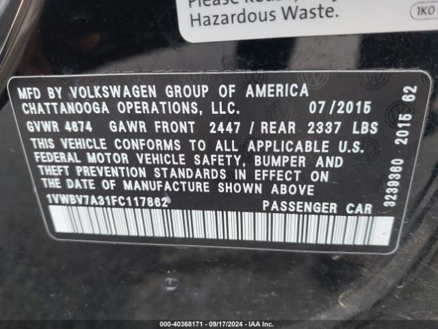 1VWBV7A31FC117862 Volkswagen Passat 2.0l Tdi Se