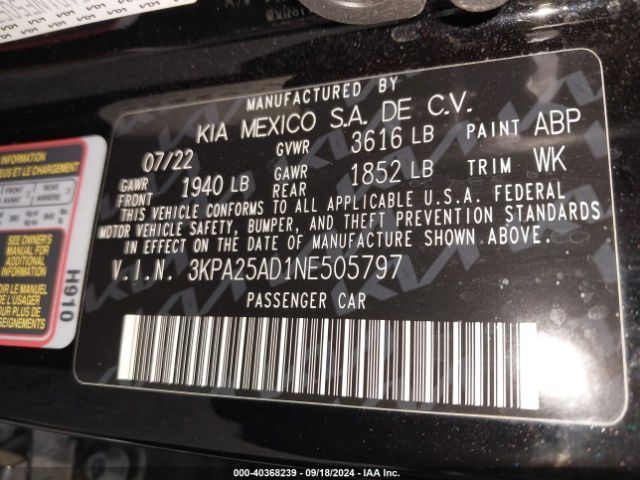 3KPA25AD1NE505797 KIA Rio 5-door S