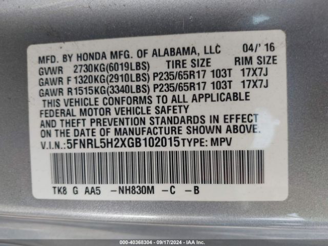 5FNRL5H2XGB102015 Honda ODYSSEY LX