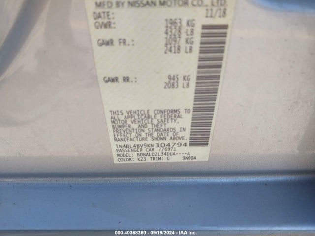 Nissan Altima 2.5 S 2019 1N4BL4BV9KN304794 Image 9