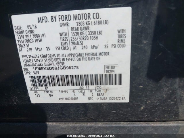 Ford EXPLORER XLT 2018 1FM5K8D88JGB98278 Image 9