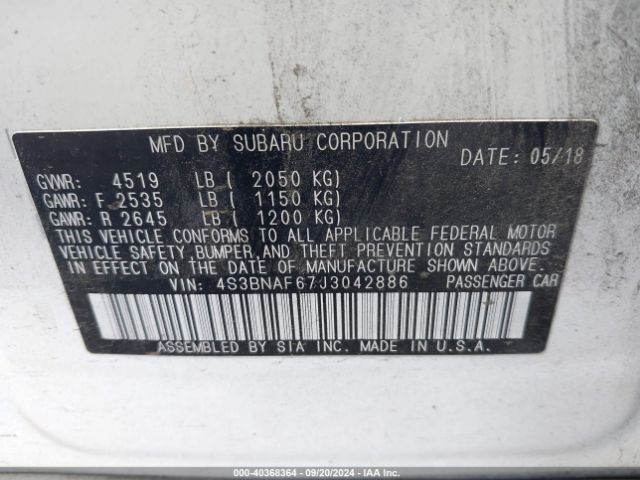 4S3BNAF67J3042886 Subaru Legacy Premium
