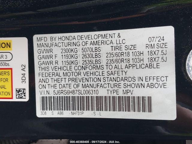 5J6RS6H87SL006310 Honda Cr-v Hybrid Sport-l